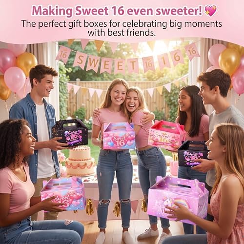 Zhanmai 36 Pack Sweet 16 Party Treat Box Happy 16 Year Old 16th Birthday Goodie Boxes Hello Sixteen Gift Containers with Handles, Decorative Cardboard Goodie Boxes for Cookies Cupcakes Candy
