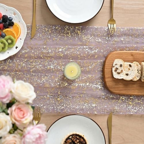 Artoid Mode Grayish Purple Gold Gauze Table Runner 120 Inch 10FT, Glitter Metallic Foil Sheer Dining Wedding Anniversary Holiday Birthday Table Decor for Home Party
