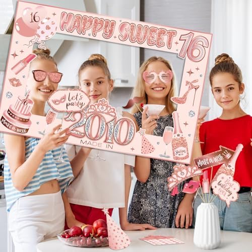 Sweet 16 Party Decorations for Girls, Sweet 16 Photo Booth Props Pink Rose Gold 16th Birthday Selfie Props with Photo Frame Kit Sweet Sixteen Happy Birthday Party Decorations Supplies Favors