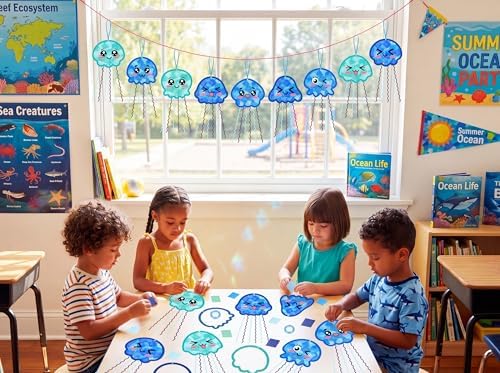 48PCS Summer Crafts: Paper Jellyfish Suncatchers DIY Kits, Window Stained Glass Effect Art Supplies