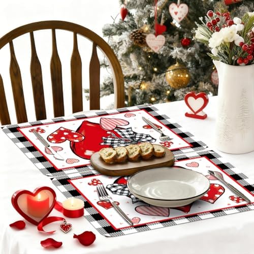 6 Set Valentine's Day Placemats, 11x16 Inch Buffalo Plaid Red Heart Plastic Placemats Seasonal Bow Tie Spring Holiday Table Mats for Wedding Party Festival Decor