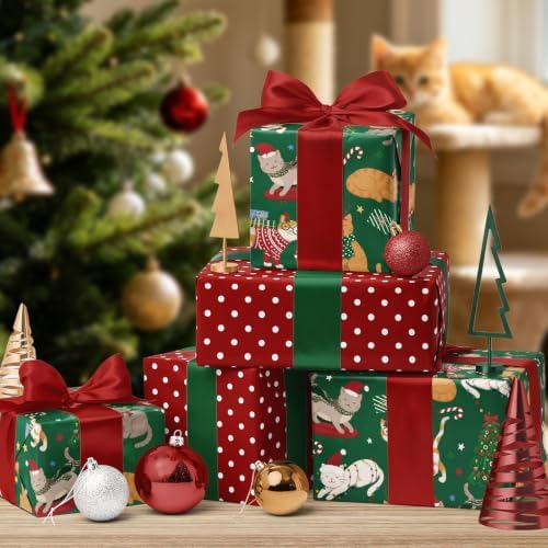 LaRibbons Reversible Cat Christmas Wrapping Paper Roll Pet 17 In x 33 Ft