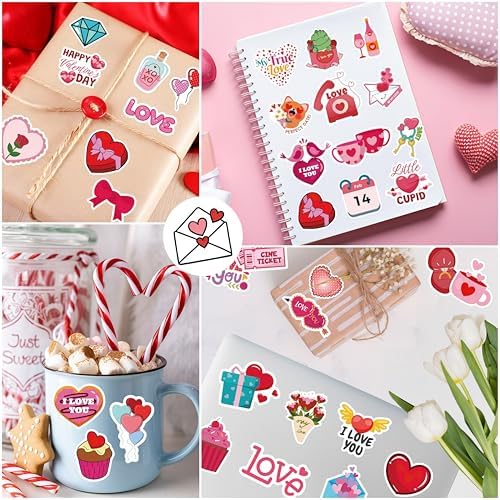 300 PCS Valentines Day Stickers, Non-Repeating Valentine Stickers, Valentines Stickers Gifts Party Favors Decorations,Waterproof Vinyl Heart Sticker for Laptops, Water Bottles