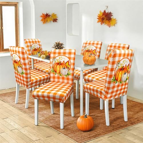 Fall Chair Covers for Dining Room Set of 6 Autumn Pumpkin Dining Chair Protectors 6 Pcs Stretch Removable Washable Chair Slipcovers 6 Pack for Thanksgiving Home and Party Decor