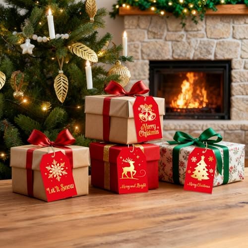joycraft 60Pcs Christmas Gift Tags, 4 Styles Red Gold Foil Holiday Tree Tag