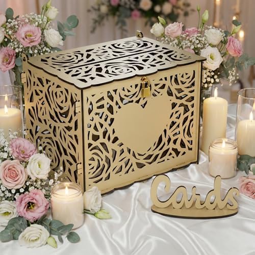 Jolik Love Wedding Card Box with Sign, Large Rustic Locking Money Box Holder for Wedding Reception, Gift Card & Envelope Storage, DIY Anniversary & Birthday Party Decoration (Yellow)