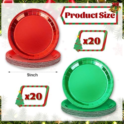 Whaline Christmas Dessert Plate Foil Red Green Disposable Paper Plate Metallic Dinnerware Plates 9 Inch for Xmas Winter Party Supplies Table Decor, 40 Pcs