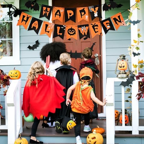 AhfuLife Happy Halloween Banner, Halloween Garland Bunting Decorations Sign for Indoor Outdoor Home Party Supplies