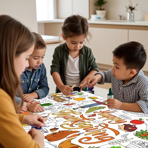 Thanksgiving Coloring Tablecloth 31×72 in, Large Paper Table Cover with Pumpkins, Turkeys, Scarecrow and Harvest Designs, Holiday Party Coloring Poster for Activity Arts and Crafts