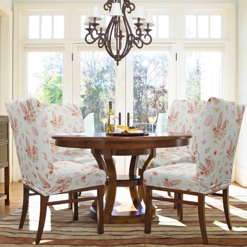 Easter Chair Covers Set of 4 Spring Bunny Ears Floral Dining Room Slipcovers Stretch Parsons Chair Seat Protectors Spring Easters Decor-4PCS