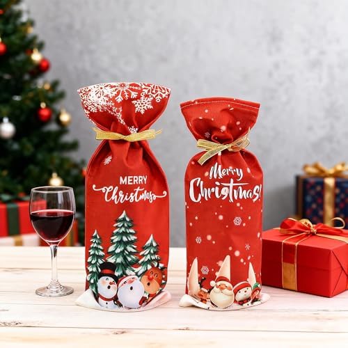 Yahpetes Christmas Wine Bottle Bag 2Pcs Xmas Gift Bags Santa Clause, Snowman Red Wine Bottle Cover Bags with Drawstring for Christmas Party Decorations