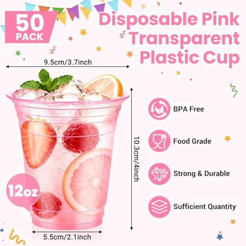 50 Pcs Clear Pink Plastic Cups, 12 oz Disposable Cups for Party