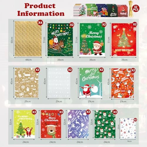 Koncci 32Pcs Drawstring Christmas Bags, Assorted Sizes Large Medium Small