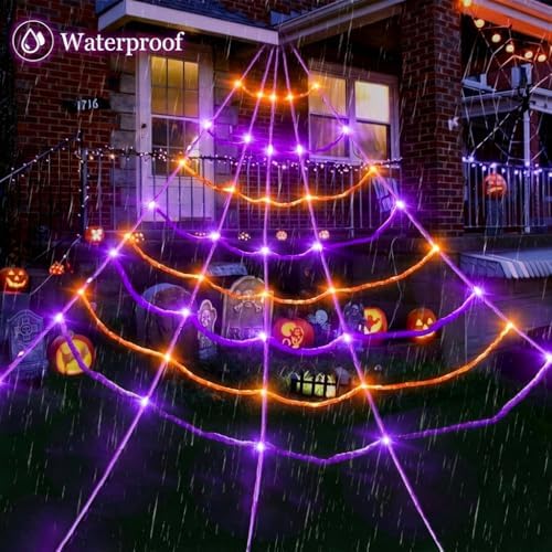 [Motion Activated Lighting&Speaking] 5Ft Giant Spider 20 * 17FT Halloween Spider Web 150 Led Purple&Orange Lights Light Up Lighted Waterproof with 200sqft Cobweb for Outdoor Decor Yard Decoration