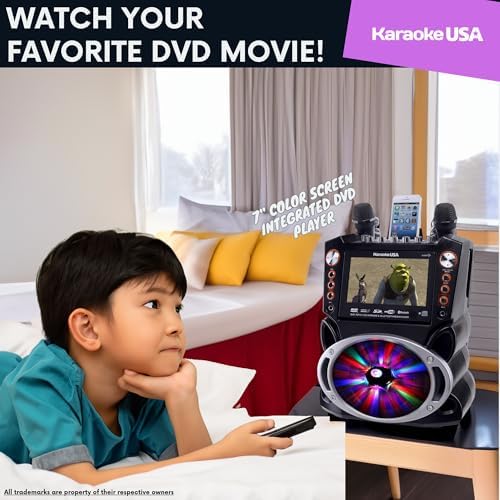 Karaoke Machine with Lyrics Display 7" Screen. CD+G, DVD, MP3+G, MP3, CD & USB. Wireless Bluetooth Speaker with LED Disco Lights. Includes 2 Wired Microphones and 2 Bonus Karaoke Discs By Karaoke USA