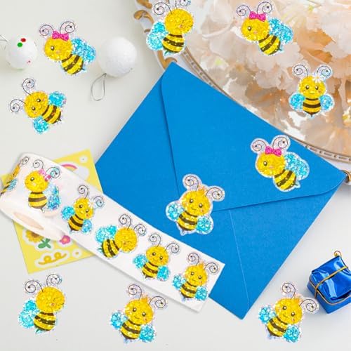 500Pcs Summer Bee Stickers Roll 1.5in Large Glitter Bumble Bee Seal Stickers 5 Designs Cartoon Animal Waterproof Classroom Reward Decals for Spring Bottle Scrapbook Journal Decor
