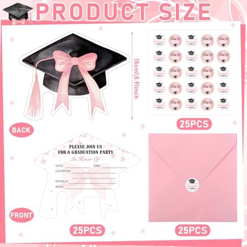 Marspark 25 Set Coquette Pink Bow Graduation Party Invitations Cards with Envelopes and Stickers Graduation Cap Shaped for College High School Grad Celebration Party Supplies, 5 x 6 Inch