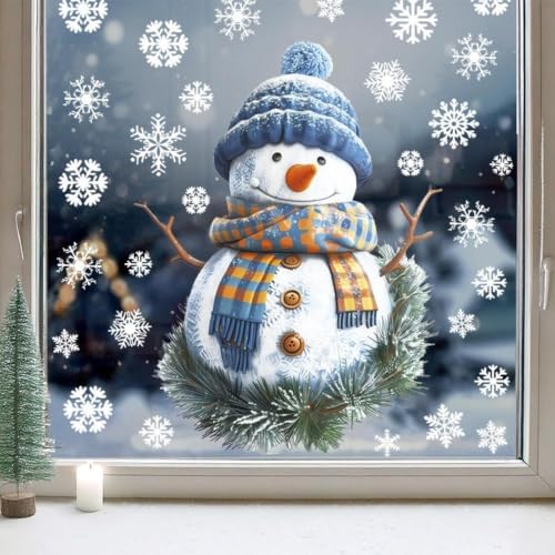 Christmas Window Clings Blue Snowman Window Stickers with Green Garland Double Sided White Snowflake Window Decals Removable Glass Decals for Holiday Home Classroom Party Seasonal Ornaments