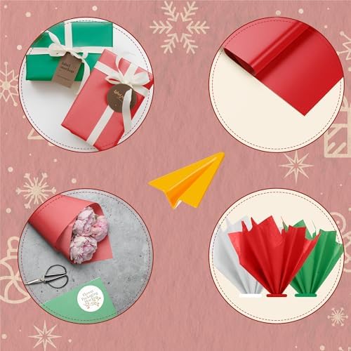 OHOME Christmas Tissue Paper - 100 Sheets 20"x14" Red Green White Wrapping Paper | Christmas Decorations Decor for Gift Bags Boxes - Xmas Navidad Holiday Party Favors Supplies