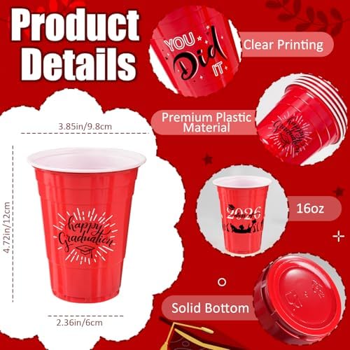 Graduation Decorations 2026 Party Cups - 50pcs 16 Oz Red and Black Disposable Graduation Plastic Cups for School Class of 2026 Grad Celebration Party Favors Supplies (5 Designs)