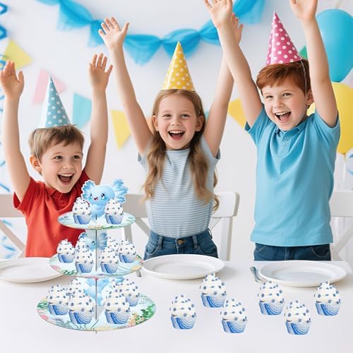 Axolotl Birthday Decorations Cupcake Stand, 3 Tier Cute Blue Cartoon Axolotl Cardboard Cupcake Display Stand Dessert Tower, Underwater Theme Party Supplies for Boys Girls