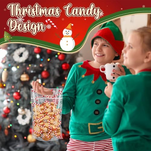 Engrowtic 100 Pcs Christmas Treat Bags Resealable Christmas Zipper Bags Candy Cane Plastic Gift Bag Holiday Bag with Handles for Xmas Party Favor Wrapping Supplies