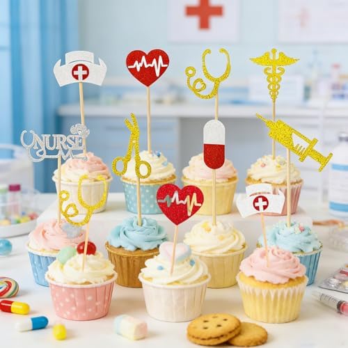 Nurse Cupcake Toppers, 24 PCS Glitter Nurses Week Cupcake Picks, Nursing School Graduation Food Picks Cupcake Toppers Cake Decorations for National Nurse Day Nursing Graduation Congrats Party Supplies