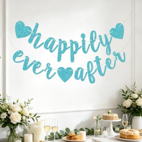 Happily Ever After Glitter Bunting Banner, Engagement, Bridal Shower, Wedding Party Photo Booth Props Signs,Pre-Strung Cursive Bunting (Blue)