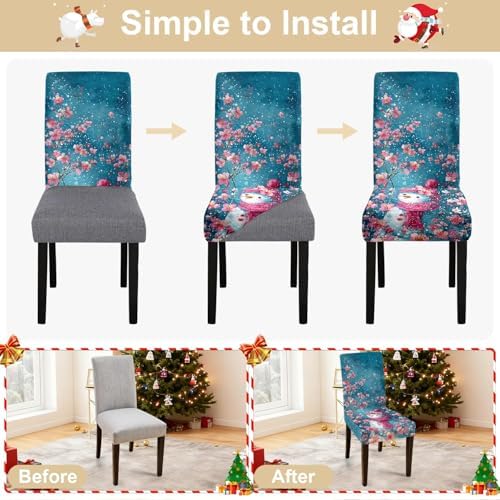 Snowman Chair Covers Set of 4, Stretchable Dining Chair Slipcovers with Pink Cherry Blossoms for Christmas Holiday Décor