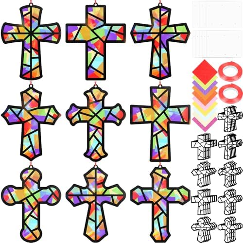 Renbuzhu 48PCS Sunday School VBS Crafts Bulk: Paper Cross Nativity Suncatchers, Jesus Religious Christian Activity DIY Kits Church Decorations, Window Stained Glass Effect Art Supplies