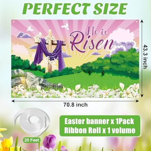 Large He is Risen Easter Banner Decorations Flag Outdoor 72x44 Inch, Cross Sign Christian Jesus Lily Flowers Banner for Indoor Home House Decor Party Supplies, Spring Yard Sign Background for Photography