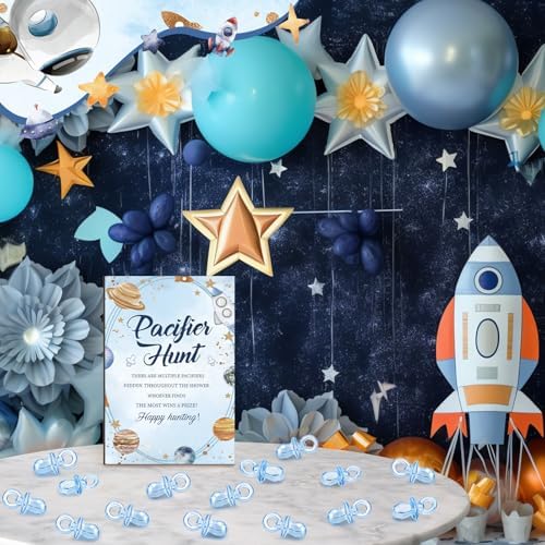 Thyle 51 Pcs Outer Space Baby Shower Games Planets Pacifier Hunt Include Galaxy Solar System Hunt Sign and 50 Acrylic Pacifiers for Astronaut Baby Shower Game over The Moon Gender Reveal Party Decor