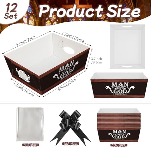 Cinrobiye 12 Pcs Grandparents Day Gifts for Grandpa, Christian Gift Basket Set with Man of God Bible Verse Trays, Clear Bags & Pull Bows, DIY Religious Gifts for Grandfather, Pastor, Church