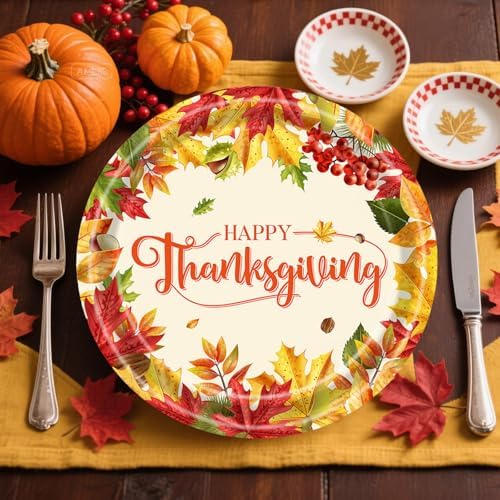 24pcs Thanksgiving Paper Plates Fall Party Supplies Disposable Dinnerware Tableware Maple Leaf-themed paper plates for Thanksgiving Dinner Party 9 in