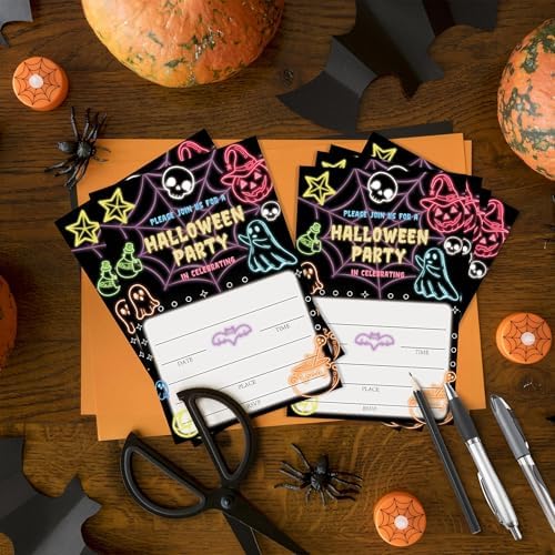 SIXEIGHT Glow Neon Halloween Party Invitations, Cute Ghost Halloween Invitations for Boys Girls, 25 Pack Glow Neon Invite Cards with Envelopes, Wedding Birthday Baby Shower Party Decorations-E08