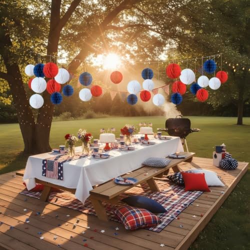 CC wonderland zone 12pcs Red Navy Blue and White Honeycomb Balls,Hanging Tissue Pom poms for Independence Day,July 4th Party,Memorial Day,Veterans Day,Party Decoration
