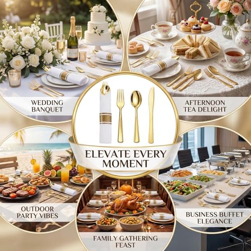 Liacere 100Pack Pre Rolled Gold Silverware and Napkin-400pcs Disposable Gold Plastic Utensils-Wrapped Plastic Cutlery Set with Napkin:100 Forks,100 Knives,100 Spoons,100 Napkins for Wedding＆Fall Party