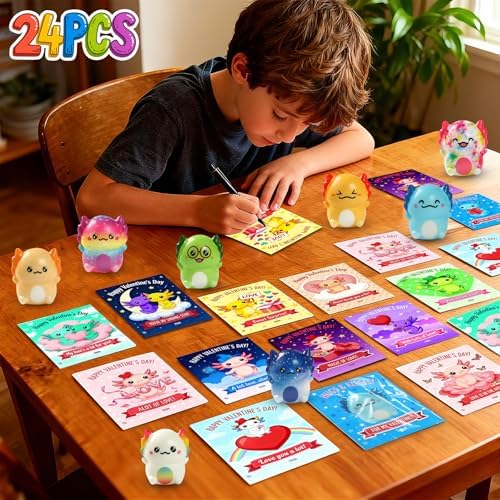 24 PCS Valentines Day Gift Cards with Axolotl Squishy Toys,Valentine's Axolotl Slow Rising Stress Relief Squishies Fidget Toys Bulk for Adults,Valentine's Party Favor