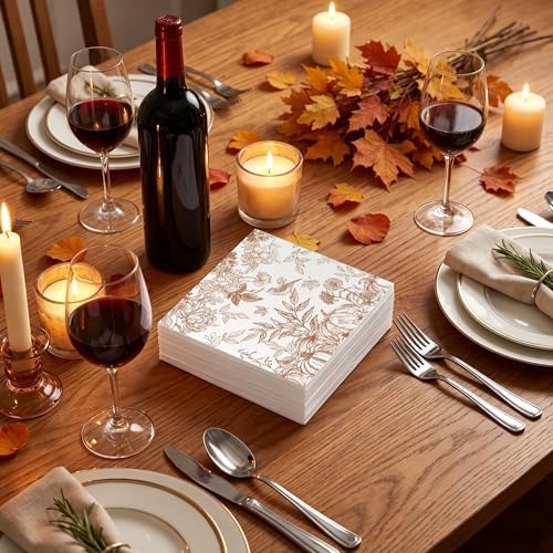 100 Pcs Autumn Floral Disposable Napkins, Elegant Gold Flower Bird Fruit & Japanese Branch Leaf Design Paper Napkins, Absorbent Table Napkins for Home Gathering, Thanksgiving & Fall Celebration