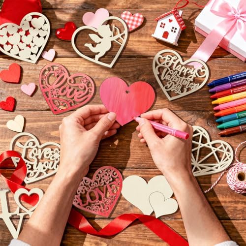 36PCS Wooden Heart Ornaments to Paint Valentine's Day Craft,9 Styles DIY Blank Unfinished Wood Heart Cutouts Ornament for Crafts Spring Tree Hanging Decorations Love