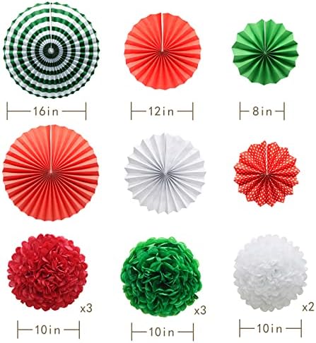 Red White and Green Hanging Paper Decor - Round Paper Fans, Pom Poms, Flowers - Perfect for Christmas, Birthdays, Weddings, Graduations, Baby Showers