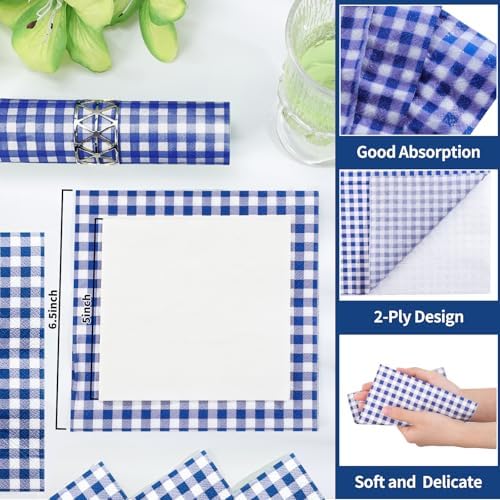 NatNarr 80 Pk Gingham Napkins Navy Blue Napkins Disposable, 6.5"