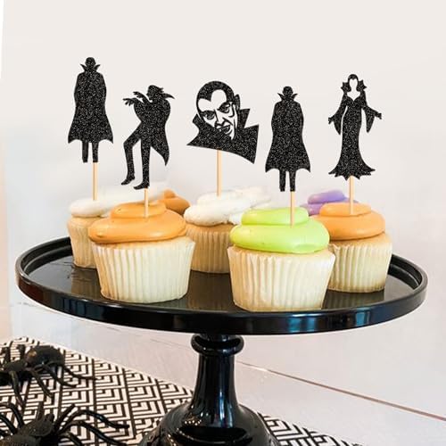 24Pcs Glitter Black Vampire Cupcake Toppers Halloween Cupcake Picks