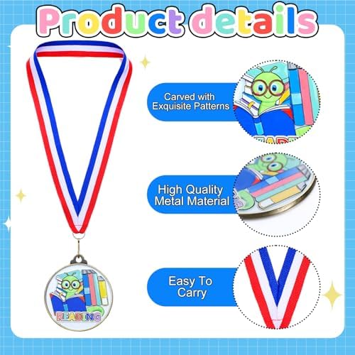 20 Pcs Reading Medals Bulk 2'' Book Worm Reading Award Medals with Neck Ribbon Trophy Prizes Winner Gift for School Classroom Students Teaching Competitions Supplies