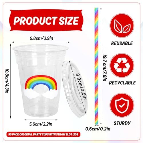 Whaline 50 Pcs 12 Oz Pastel Rainbow Disposable Plastic Cups with Lids and Straws Colorful Cold Beverage Drinking Cups for Birthday Baby Shower Party Supplies