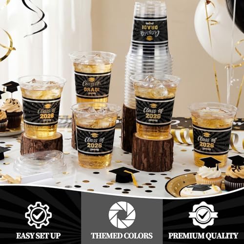 Bokon 100 Pcs 2026 Black Graduation Plastic Cups Bulk with Strawless Sip Lids 12oz Disposable Congrats Grad Cup Drinkware Class of 2026 Celebration for College Tableware Party Supplies Decorations