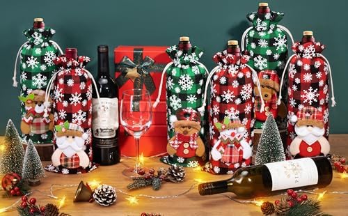 8Pcs Christmas Wine Gift Bags, Buffalo Plaid Drawstring Wine Bottle Covers