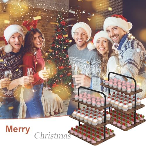 VyGrow Cupcake Stand, 3-Tier Dessert Stand for 52 Cupcakes, Wood & Metal Tower Display Premium Holder Dessert Tree Tower for Christmas Birthday Weddings Party Decor, Serving Tray, Wood Brown, 2-pack
