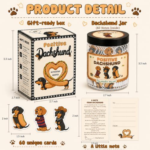 Positive Dachshund Jar with 60 Affirmation Cards, Emotional Support Gift, Funny Dachshund Gifts for Women, Christmas Decor, Weiner Gifts, Cute Puppy Dachshund Decor for Dog Lovers