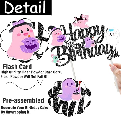 Halloween Ghost Happy Birthday Cake Topper Black Glitter Halloween Birthday Cake Decorations Pastel Ghost Cake Picks Ghosts Boo Day Baby Shower Decor for Birthday Party Supplies